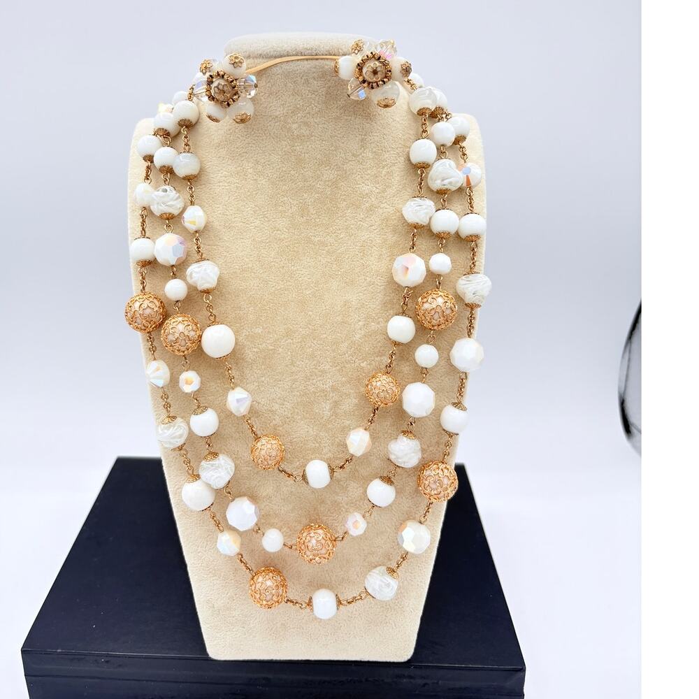 Vendôme 1950s–60s Glass Bead Necklace & Earrings | White AB & Filigree Set
